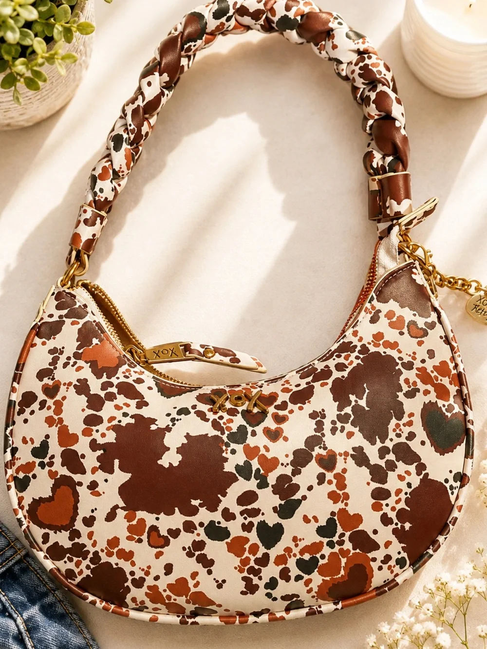 Betsey Johnson Xonorthy Woven Cow-Print Hearted Woven Shoulder Bag